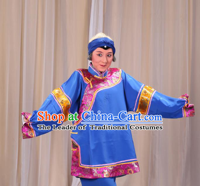 Top Grade Professional Beijing Opera Old Women Costume Pantaloon Embroidered Blue Clothing, Traditional Ancient Chinese Peking Opera Matchmakers Embroidery Clothing
