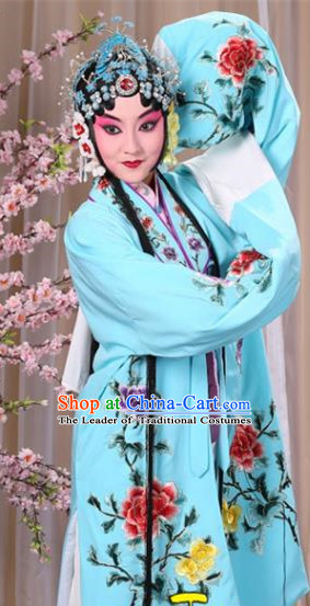 Top Grade Professional Beijing Opera Imperial Consort Costume Hua Tan Light Blue Embroidered Cape, Traditional Ancient Chinese Peking Opera Diva Embroidery Peony Clothing