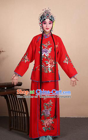 Top Grade Professional Beijing Opera Jordan-Sitting Costume Hua Tan Red Embroidered Dress, Traditional Ancient Chinese Peking Opera Maidservants Embroidery Clothing