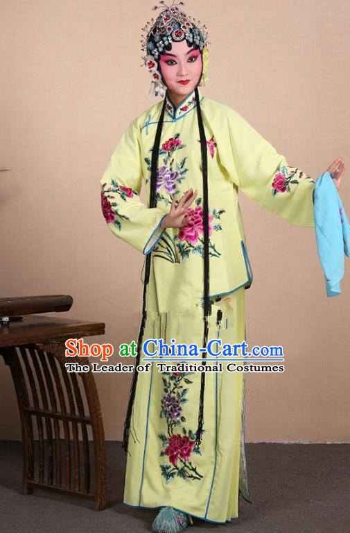 Top Grade Professional Beijing Opera Jordan-Sitting Costume Hua Tan Yellow Embroidered Dress, Traditional Ancient Chinese Peking Opera Maidservants Embroidery Clothing