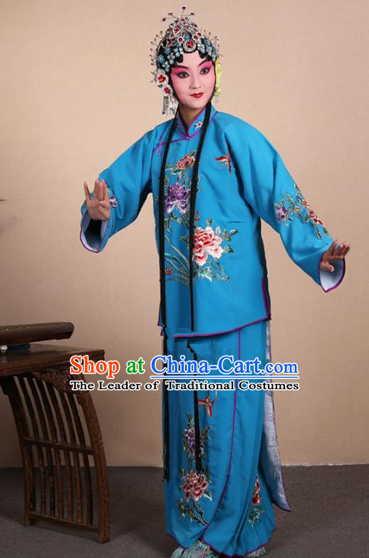 Top Grade Professional Beijing Opera Jordan-Sitting Costume Hua Tan Deep Blue Embroidered Dress, Traditional Ancient Chinese Peking Opera Maidservants Embroidery Clothing