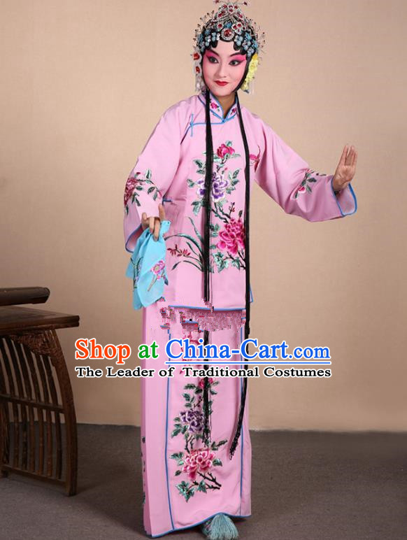 Top Grade Professional Beijing Opera Jordan-Sitting Costume Hua Tan Pink Embroidered Dress, Traditional Ancient Chinese Peking Opera Maidservants Embroidery Clothing