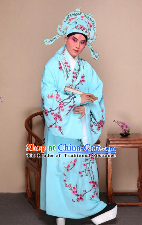 Top Grade Professional Beijing Opera Niche Costume Gifted Scholar Blue Embroidered Wintersweet Robe, Traditional Ancient Chinese Peking Opera Embroidery Clothing
