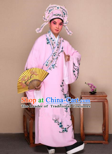 Top Grade Professional Beijing Opera Niche Costume Gifted Scholar Pink Embroidered Wintersweet Robe, Traditional Ancient Chinese Peking Opera Embroidery Clothing