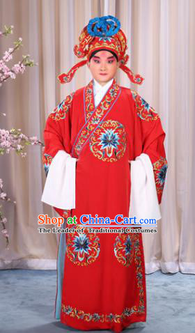 China Beijing Opera Niche Costume General Red Embroidered Robe and Headwear, Traditional Ancient Chinese Peking Opera Embroidery Military Officer Gwanbok Clothing