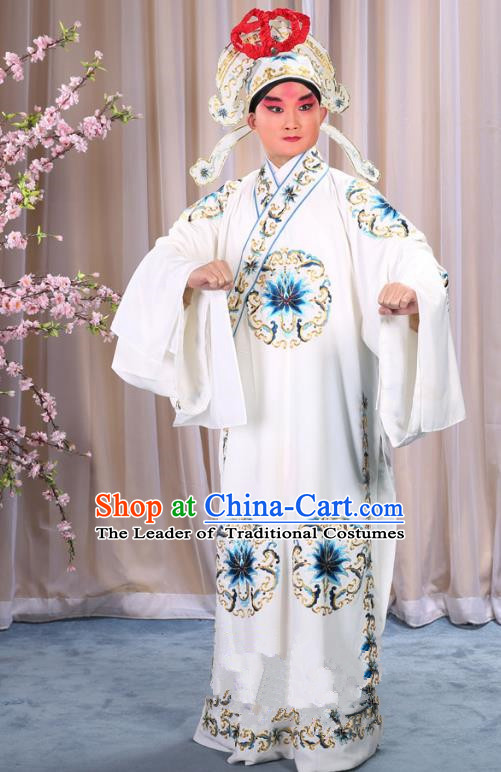 China Beijing Opera Niche Costume General White Embroidered Robe and Headwear, Traditional Ancient Chinese Peking Opera Embroidery Military Officer Gwanbok Clothing