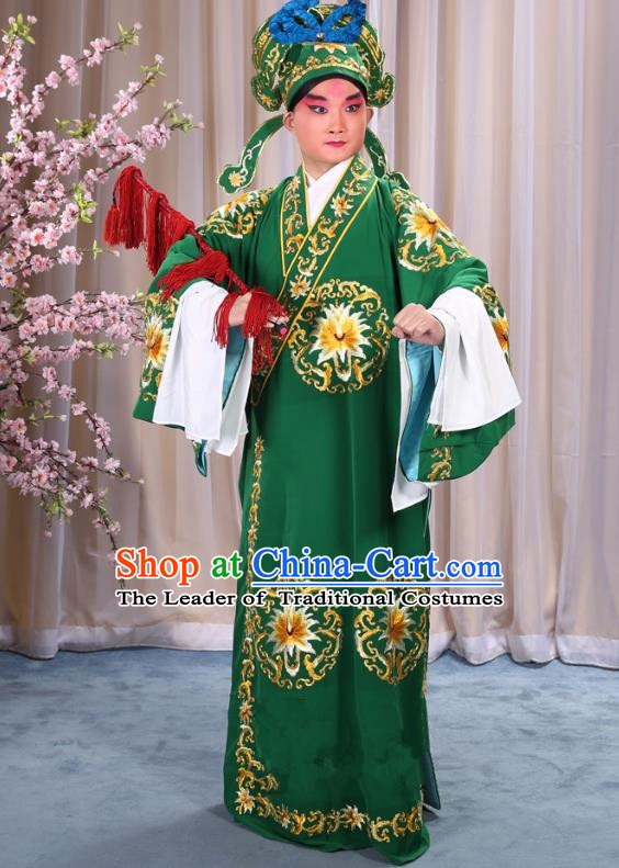 China Beijing Opera Niche Costume General Green Embroidered Robe and Headwear, Traditional Ancient Chinese Peking Opera Embroidery Military Officer Gwanbok Clothing