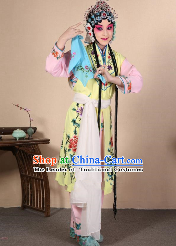 Top Grade Professional Beijing Opera Diva Costume Young Lady Yellow Embroidered Waistcoat, Traditional Ancient Chinese Peking Opera Princess Embroidery Dress Clothing