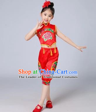Traditional Chinese Classical Dance Yangge Fan Dancing Costume, Folk Dance Drum Dance Uniform Yangko Red Costume for Kids