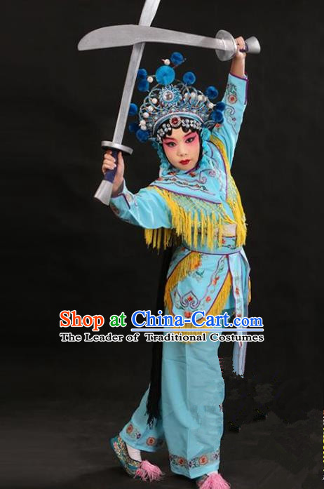 Traditional China Beijing Opera Female General Blue Costume and Headwear Complete Set, Ancient Chinese Peking Opera Swordplay Embroidery Clothing for Kids