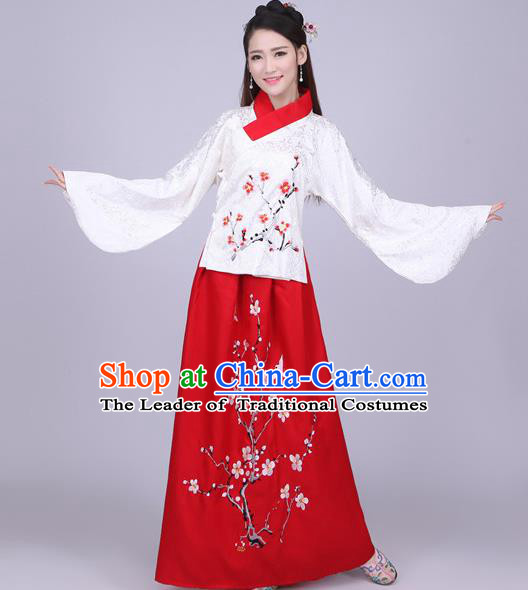 Traditional Ancient Chinese Ming Dynasty Imperial Princess Costume Blouse and Red Skirt, Elegant Hanfu Chinese Ancient Young Lady Sleeve Placket Embroidered Clothing for Women