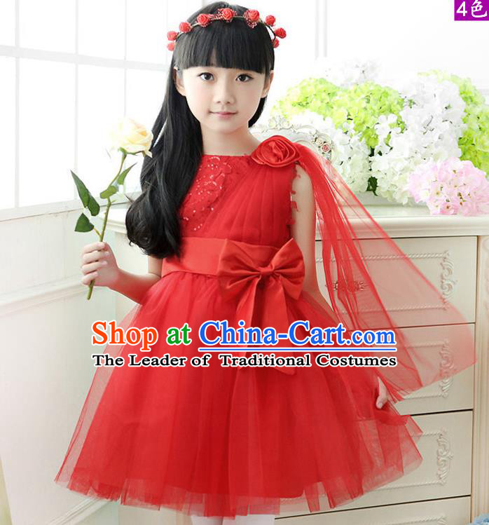 Top Grade Chinese Compere Professional Performance Catwalks Costume, Children Red Veil Bubble Dress Modern Dance Dress for Girls Kids