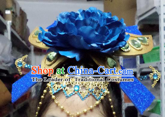 Traditional Handmade Chinese Ancient Classical Hair Accessories, Blue Flowers Step Shake Hair Sticks Hair Jewellery, Hair Fascinators Hairpins for Women