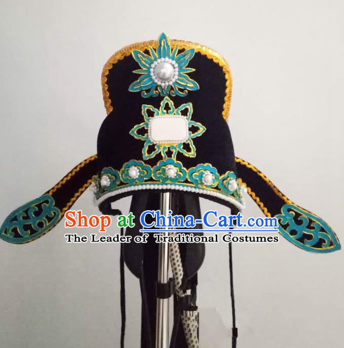 Traditional Handmade Chinese Classical Peking Opera Young Men Hat Black Tuinga, China Beijing Opera Prince Lang Scholar Headpiece Headwear