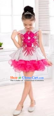 Top Grade Chinese Compere Professional Performance Catwalks Costume, Children Rosy Veil Bubble Dress Modern Dance Dress for Girls Kids
