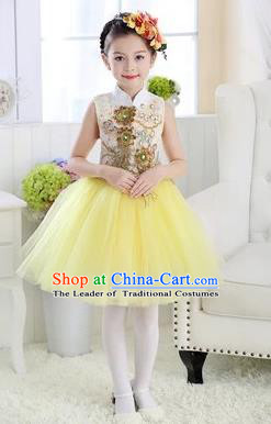Top Grade Chinese Compere Professional Performance Catwalks Costume, Children Modern Dance Yellow Veil Bubble Dress for Girls Kids
