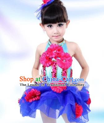 Top Grade Chinese Professional Performance Catwalks Costume, Children Modern Dance Blue Veil Bubble Dress for Girls Kids