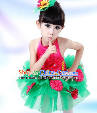 Top Grade Chinese Professional Performance Catwalks Costume, Children Modern Dance Green Veil Bubble Dress for Girls Kids