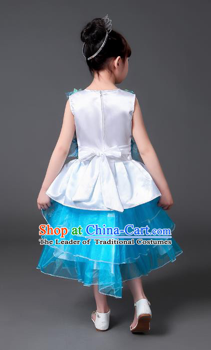 Top Grade Chinese Professional Performance Catwalks Costume, Children Modern Dance Blue Veil Bubble Princess Embroidery Dress for Girls