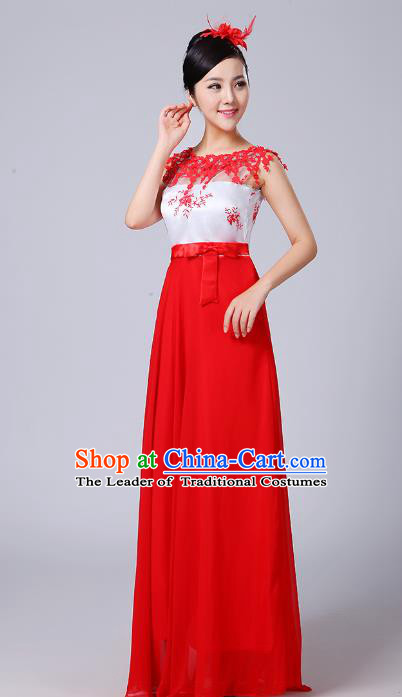 Top Grade Chinese Compere Professional Performance Catwalks Costume, China Chorus Modern Dance Red Dress for Women