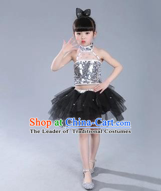 Top Grade Chinese Compere Professional Performance Catwalks Costume, China Jazz Dance Modern Dance Black Veil Princess Dress for Kids