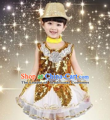 Top Grade Chinese Professional Performance Catwalks Costume, China Jazz Dance Modern Dance Golden Paillette Dress for Girls