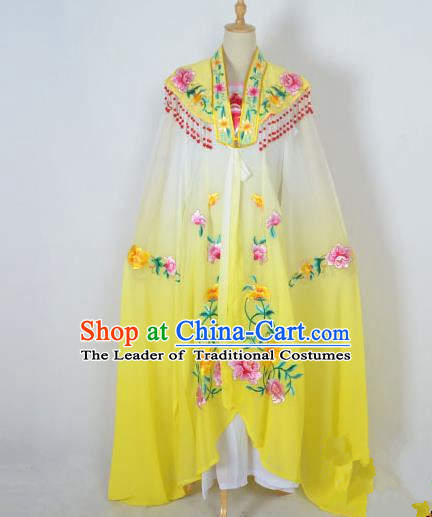 Traditional Chinese Professional Peking Opera Shaoxing Opera Costume Embroidery Yellow Cloud Shoulder Mantel, China Beijing Opera Female Diva Clothing Long Water Sleeve Shawl Dress
