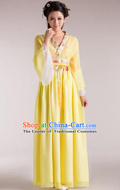 Traditional Chinese Classical Ancient Fairy Costume, China Tang Dynasty Princess Hanfu Yellow Dress for Women