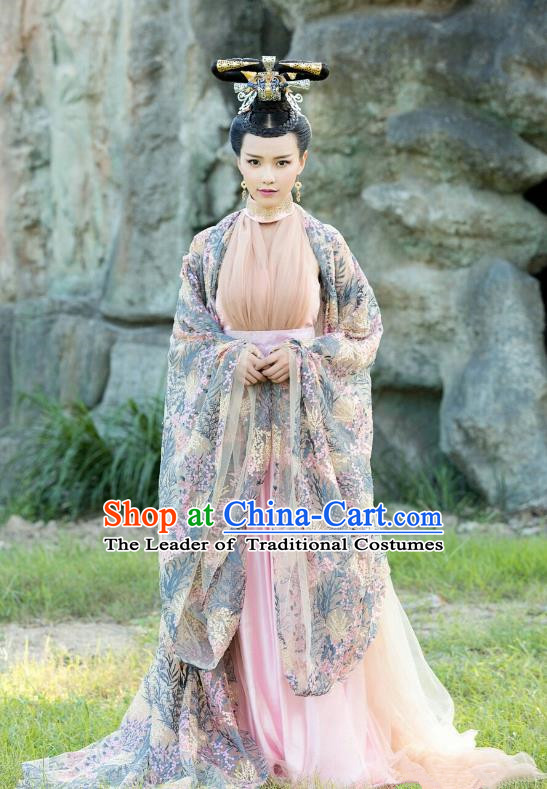 Traditional Chinese Tang Dynasty Imperial Concubine Costume and Headpiece Complete Set, China Ancient Hanfu Dress Dowager Embroidery Clothing