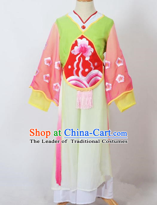 Traditional Chinese Professional Peking Opera Sitting Children Costume, China Beijing Opera Seventh Fairy Light Green Uniform Princess Embroidery Dress Clothing