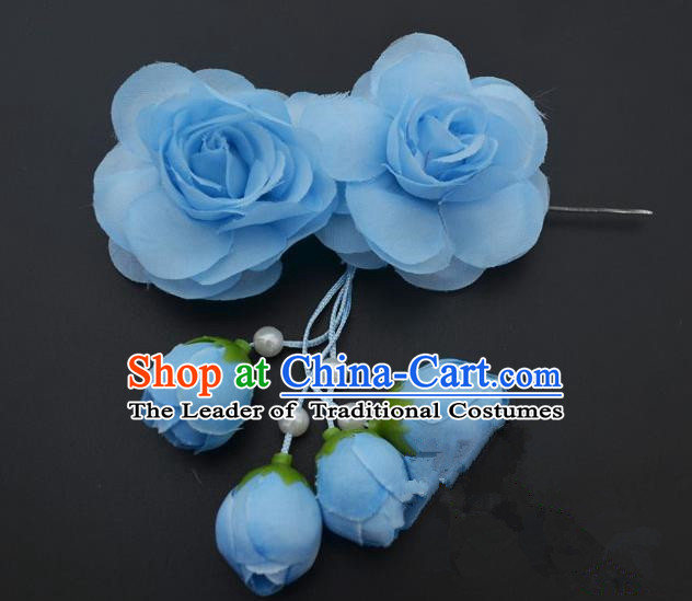 Traditional Handmade Chinese Classical Peking Opera Young Lady Hair Accessories Blue Temples Flowers, China Beijing Opera Princess Headwear Tassel Hairpins