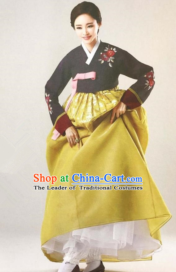 Traditional Korean Handmade Embroidery Mother Hanbok, Top Grade Korea Hanbok Wedding Black Costume for Women
