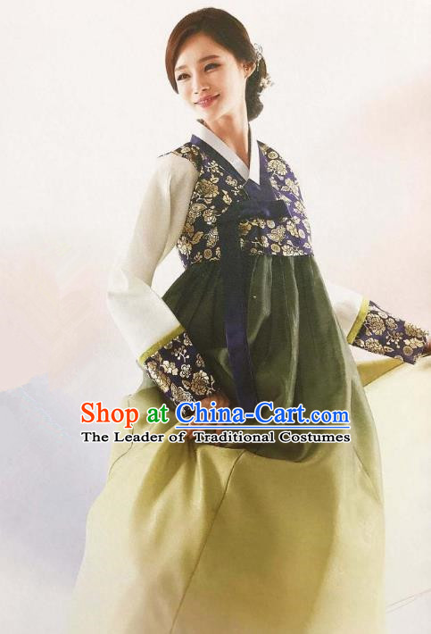Traditional Korean Handmade Embroidery Bride Hanbok, Top Grade Korea Hanbok Wedding Navy Costume for Women