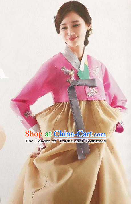 Traditional Korean Handmade Embroidery Bride Hanbok, Top Grade Korea Hanbok Wedding Pink Costume for Women
