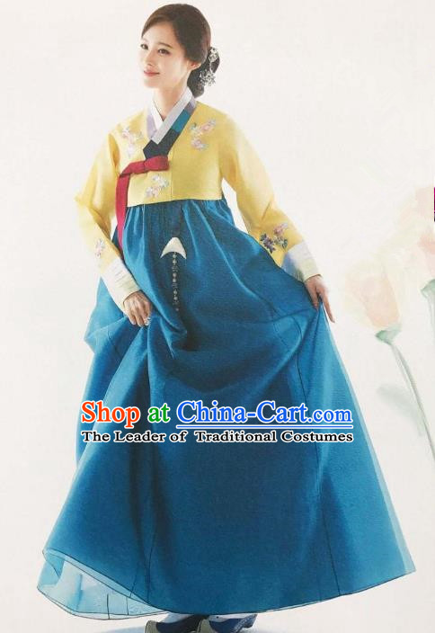 Traditional Korean Handmade Embroidery Bride Hanbok, Top Grade Korea Hanbok Wedding Yellow Costume for Women