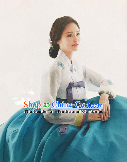 Traditional Korean Handmade Embroidery Bride Hanbok Green Dress, Top Grade Korea Hanbok Wedding Costume for Women