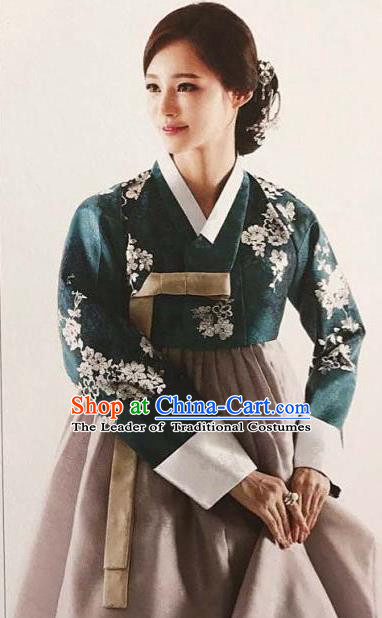 Traditional Korean Handmade Embroidery Bride Hanbok Green Full Dress, Top Grade Korea Hanbok Wedding Costume for Women