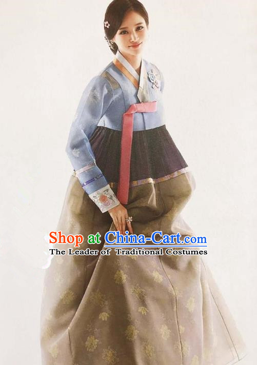 Traditional Korean Handmade Embroidery Bride Hanbok Blue Full Dress, Top Grade Korea Hanbok Wedding Costume Complete Set for Women