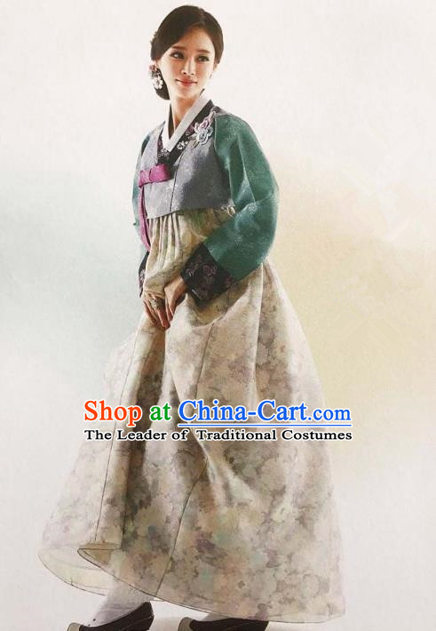 Traditional Korean Handmade Embroidery Bride Hanbok Printing Beige Full Dress, Top Grade Korea Hanbok Wedding Costume Complete Set for Women
