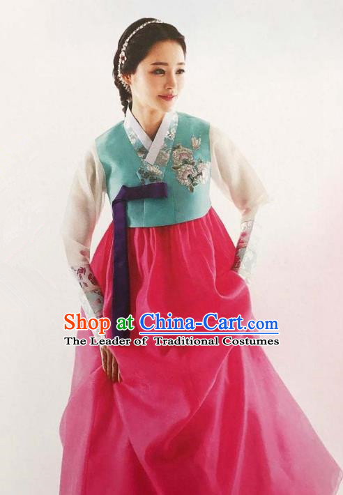 Traditional Korean Handmade Embroidery Bride Hanbok Rosy Full Dress, Top Grade Korea Hanbok Wedding Costume Complete Set for Women