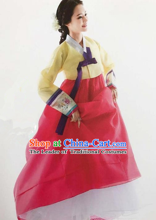 Traditional Korean Handmade Embroidery Bride Hanbok Rosy Full Dress, Top Grade Korea Hanbok Wedding Costume Complete Set for Women