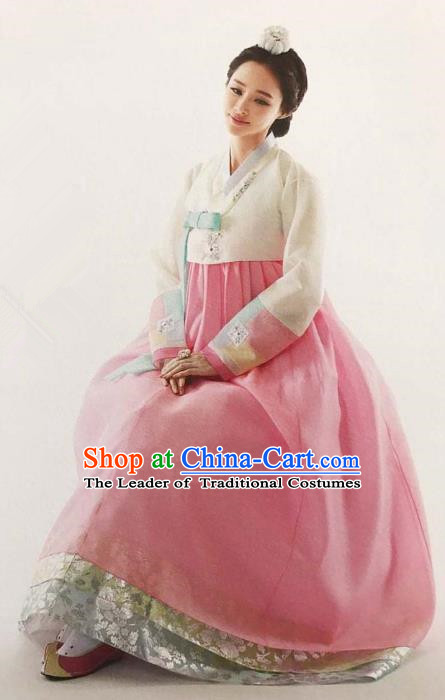 Traditional South Korean Handmade Embroidery Bride Hanbok Beige Blouse Full Dress, Top Grade Korea Hanbok Wedding Costume Complete Set for Women