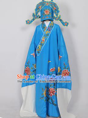 Traditional Chinese Professional Peking Opera Young Men Niche Costume Blue Embroidery Robe and Hat, China Beijing Opera Nobility Childe Scholar Embroidered Clothing