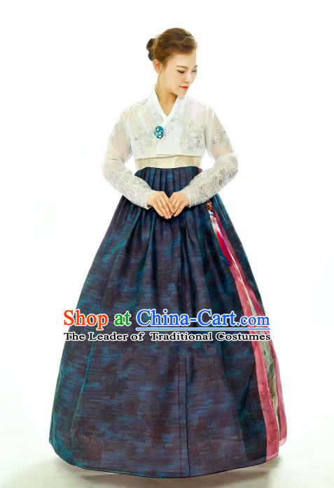 Traditional South Korean Handmade Hanbok Embroidery Navy Full Dress, Top Grade Korea Hanbok Costume Complete Set for Women