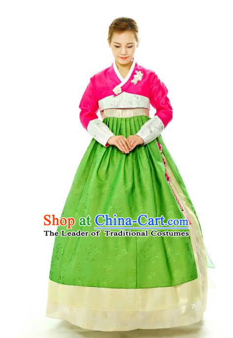 Traditional South Korean Handmade Hanbok Embroidery Green Wedding Full Dress, Top Grade Korea Hanbok Bride Costume Complete Set for Women