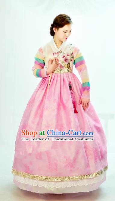 Traditional South Korean Handmade Hanbok Embroidery Bride Wedding Palace Princess Pink Satin Dress, Top Grade Korea Hanbok Costume Complete Set for Women