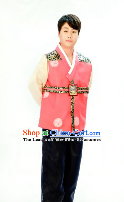 Traditional South Korean Handmade Hanbok Embroidery Bridegroom Wedding Pink Clothing, Top Grade Korea Hanbok Costume Complete Set for Men