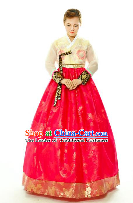 Traditional South Korean Handmade Hanbok Embroidery Bride Wedding Red Dress, Top Grade Korea Hanbok Palace Lady Costume Complete Set for Women