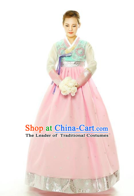 Traditional South Korean Handmade Hanbok Embroidery Pink Wedding Full Dress, Top Grade Korea Hanbok Bride Costume Complete Set for Women