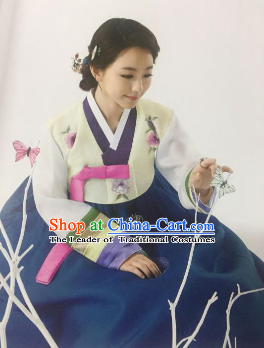 Traditional South Korean Handmade Mother Hanbok Customization Clothing Embroidery Blue Dress, Top Grade Korea Wedding Royal Hanbok Costume for Women